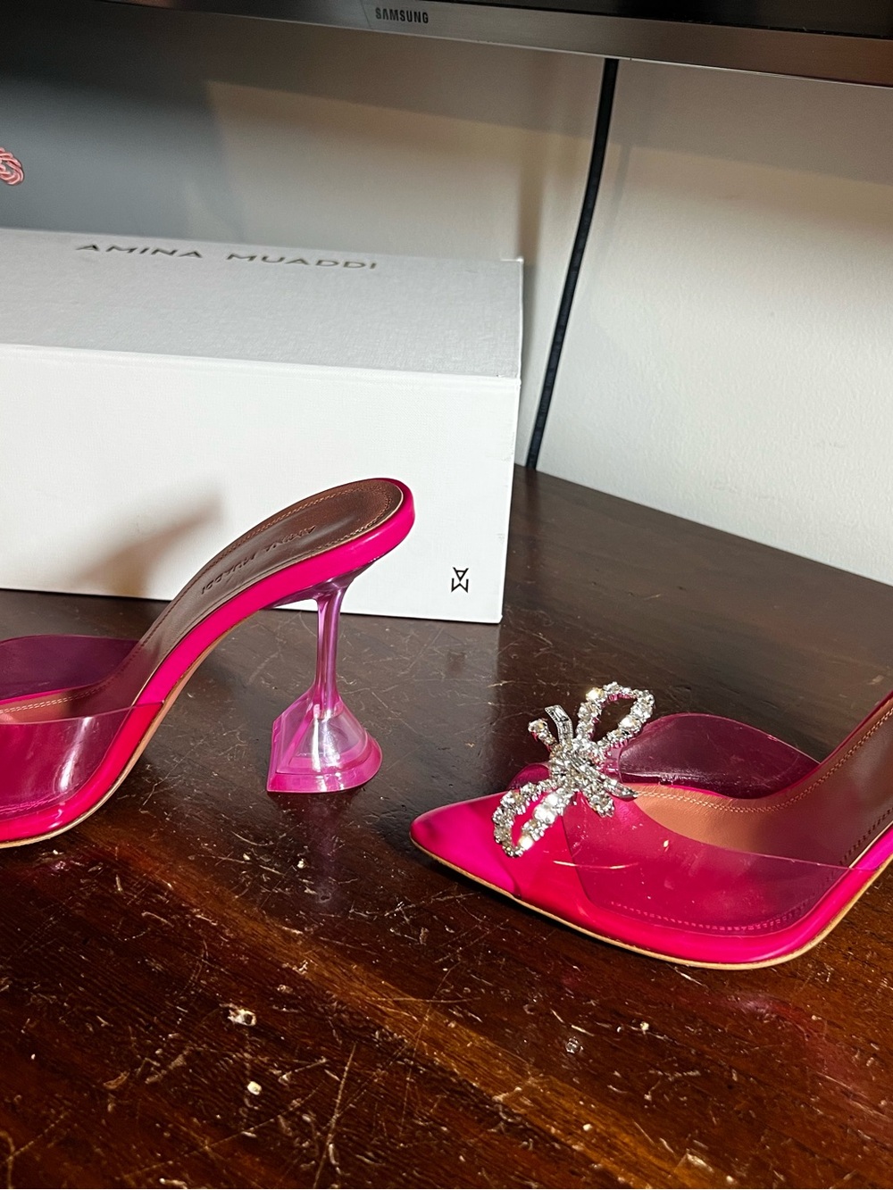 Amina Muaddi Hot Pink Crystal Bow PVC Mules - Picture 2 of 10